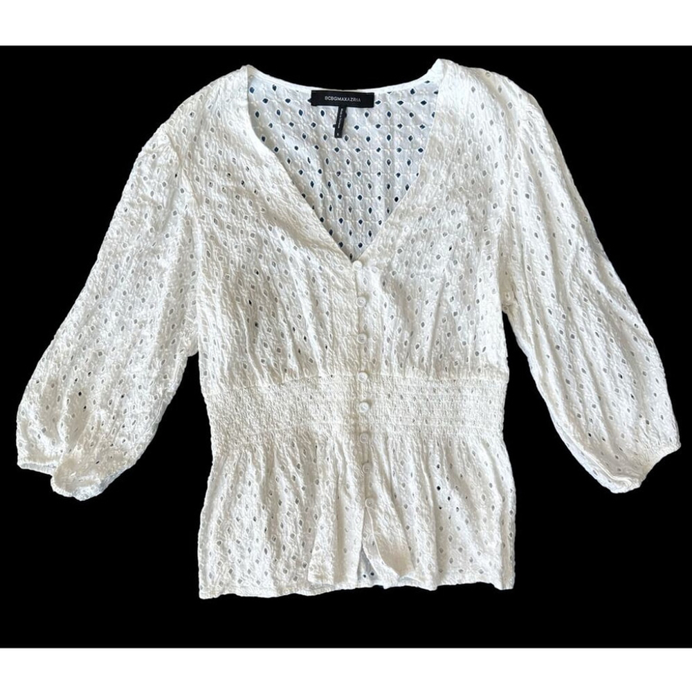 BCBGMAXAZRIA White Eyelet Puff Sleeve Peplum Top | Small | Cottagecore Blouse